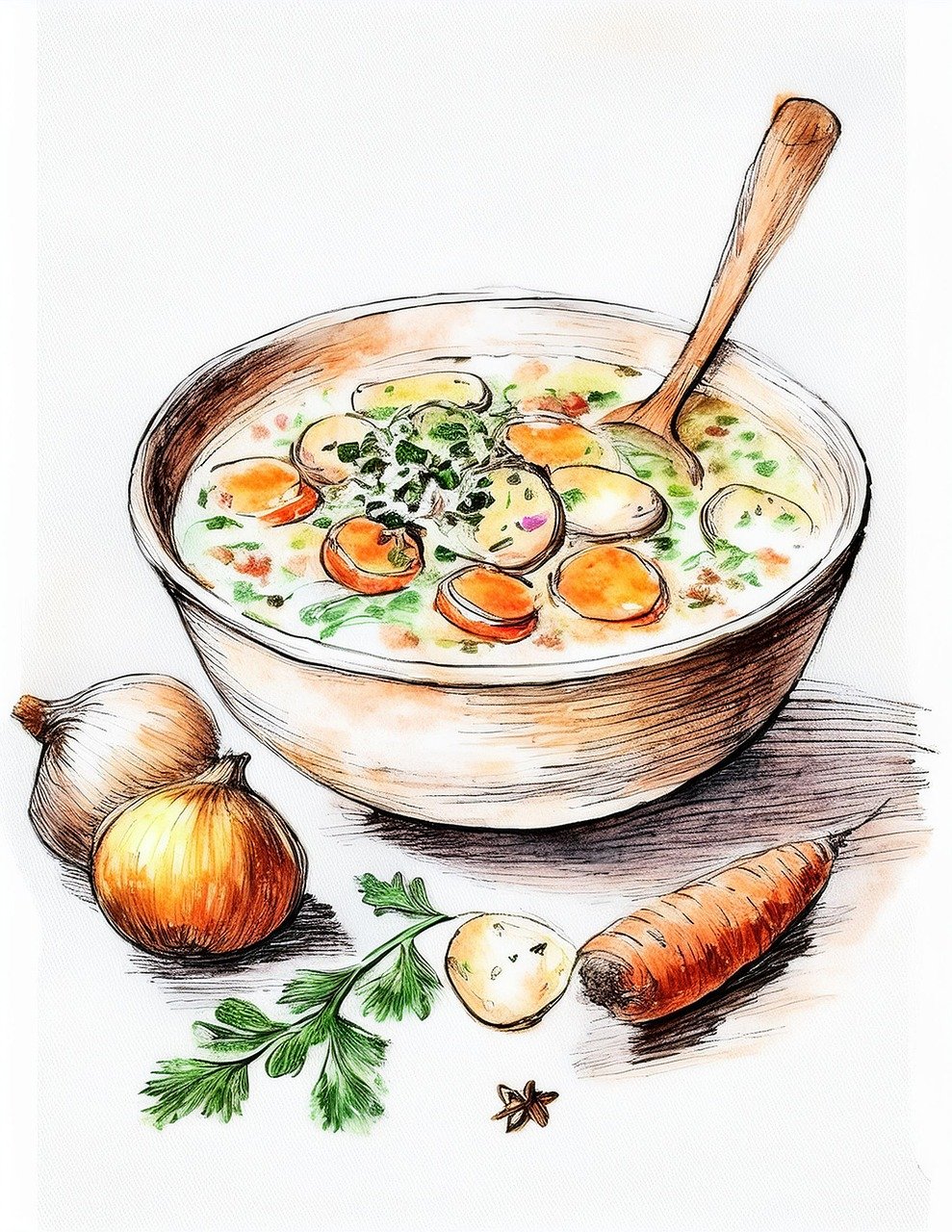 soup, bowl, vegetables, sketch, black-and-white, food, wholesome, carrots, parsley, onions, artistic, cooking, comforting, hand-drawn, rustic, minimalistic, meal, ai generated